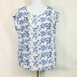 Laila & Savannah 100% Silk Top Women Medium Floral Blue & White Cap Sleeves